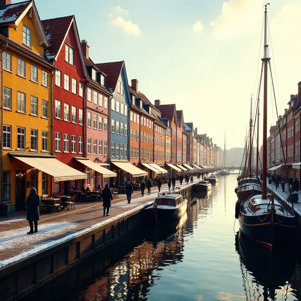 Winter sunlight on Nyhavn colorful houses