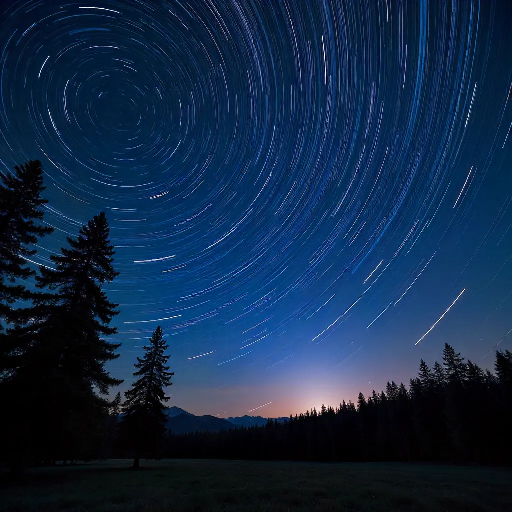 Star Trails Over Silhouetted Pines at Night