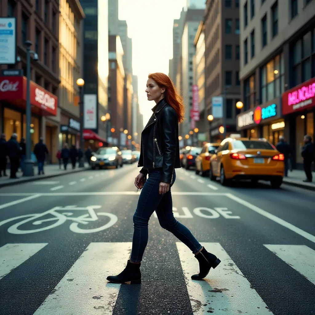 Red-Haired Woman Crossing City Bicycle Lane