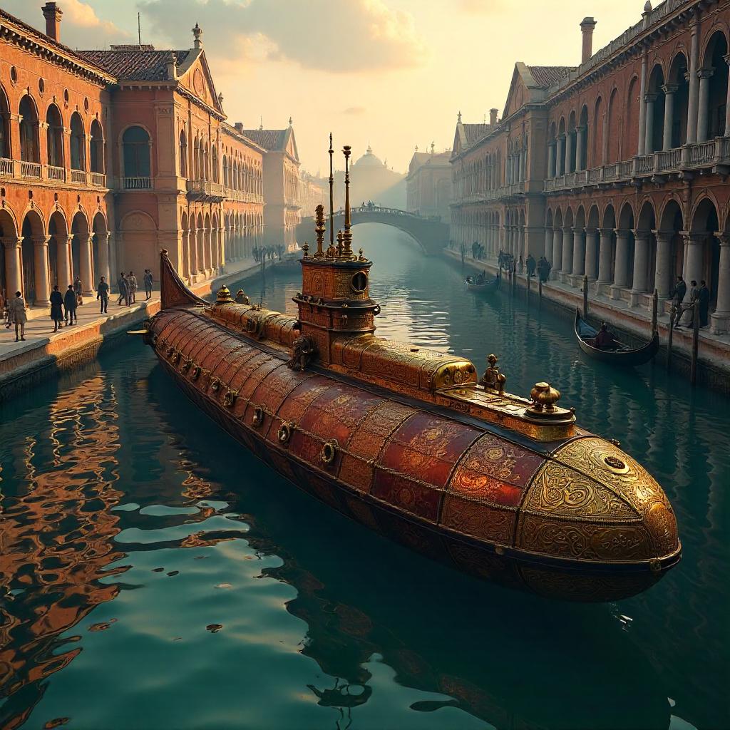 Renaissance Submarine in Venice: A 3D Render