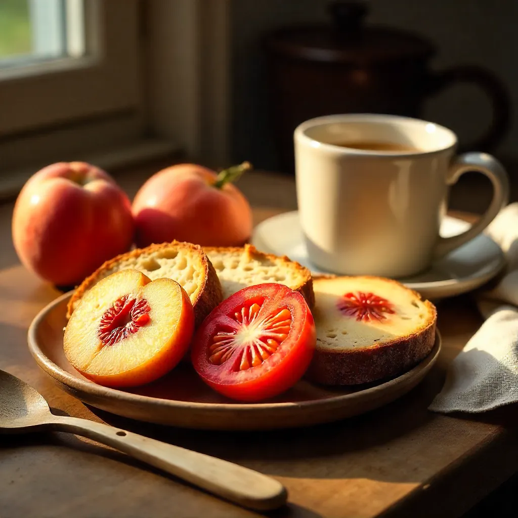 Cozy Slices: Bread, Tomatoes, and Peaches on Wood
