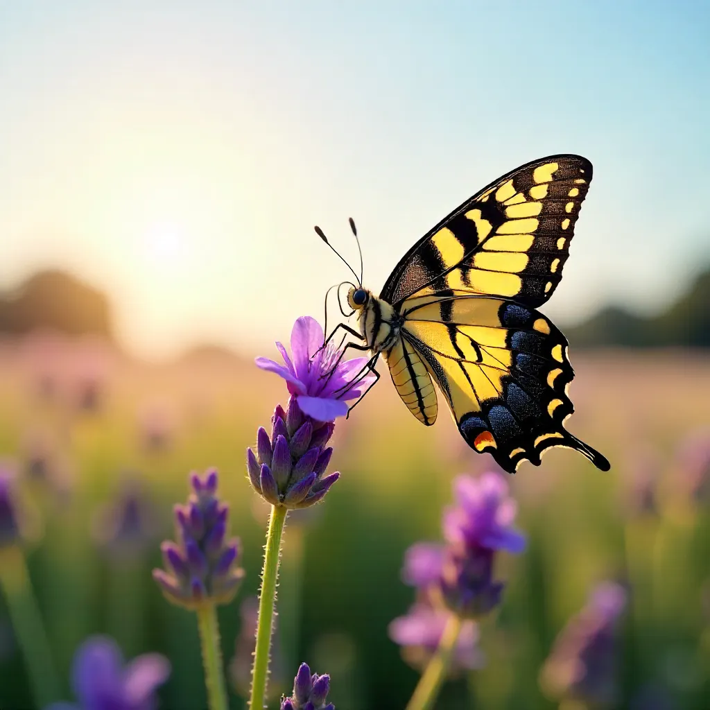 Elegant Swallowtail on Lavender in a Sunny Field