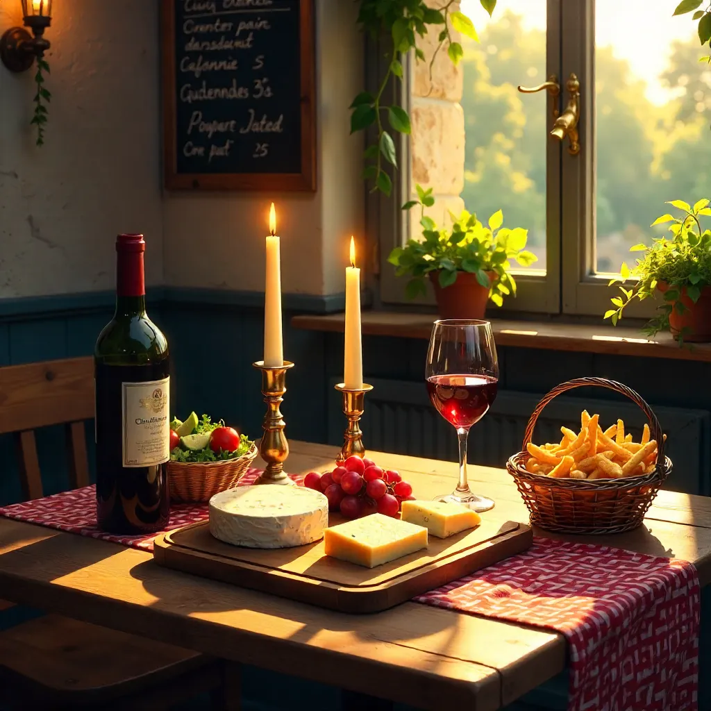 Cozy French Bistro Meal: Cheese, Wine & Fries