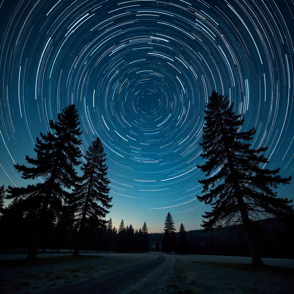 Star Trails Over Silhouetted Pines