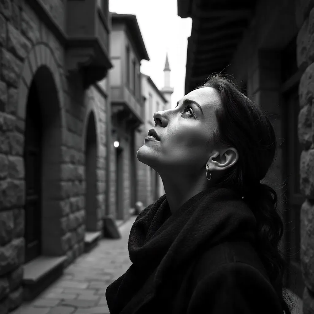 Gazing Upward in Kayseri: Dramatic B&W Portrait