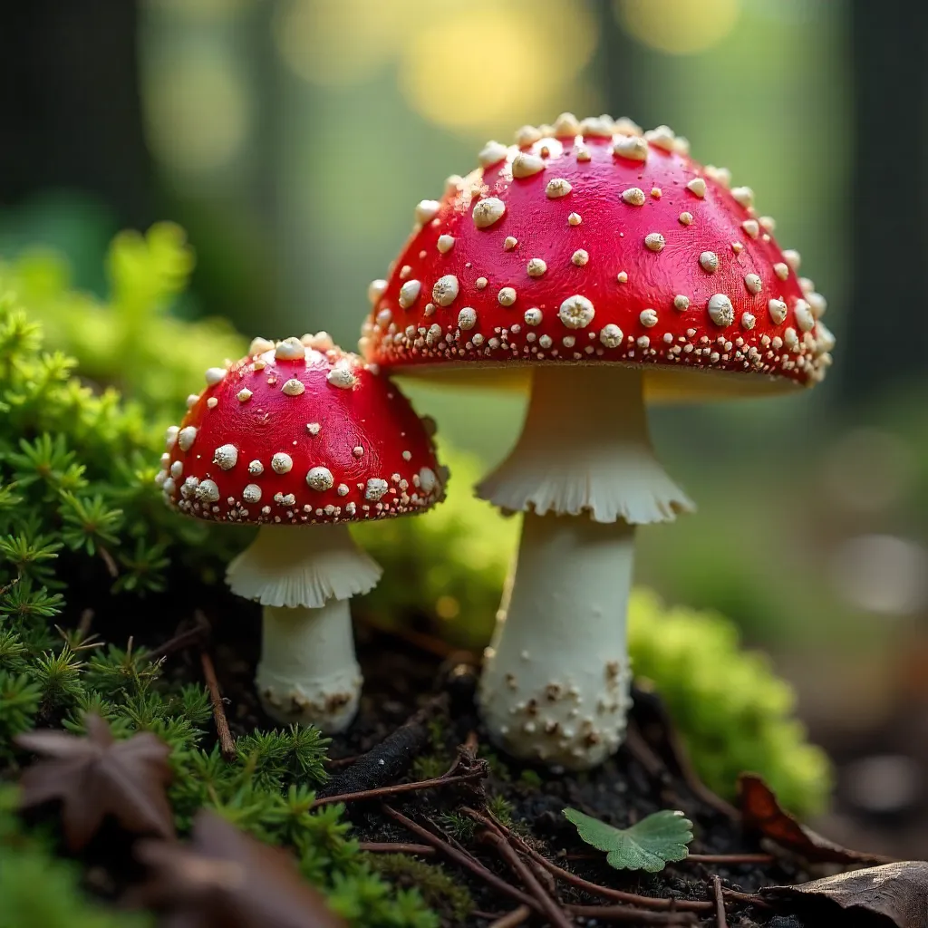 Macro Portrait of Red Fly Agaric Mushrooms