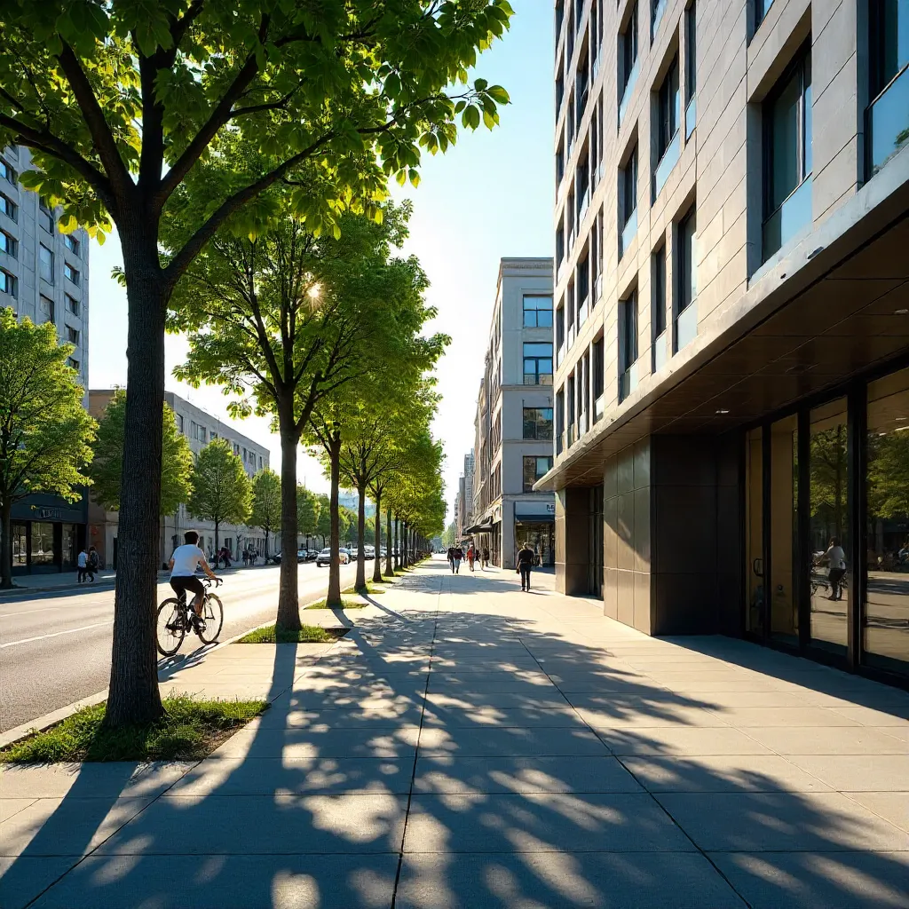 Sunny urban street with trees and modern glass facade
