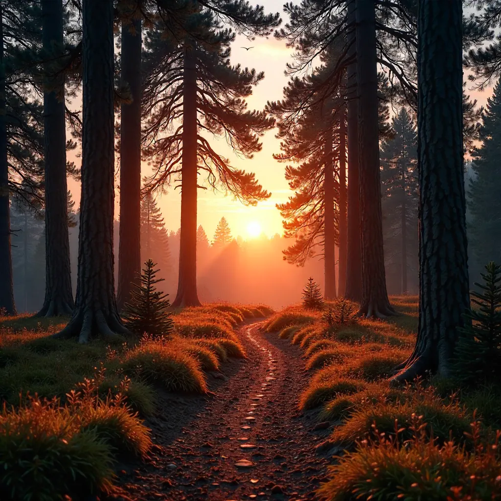 Sunset Pine Path: A Serene Forest Walk