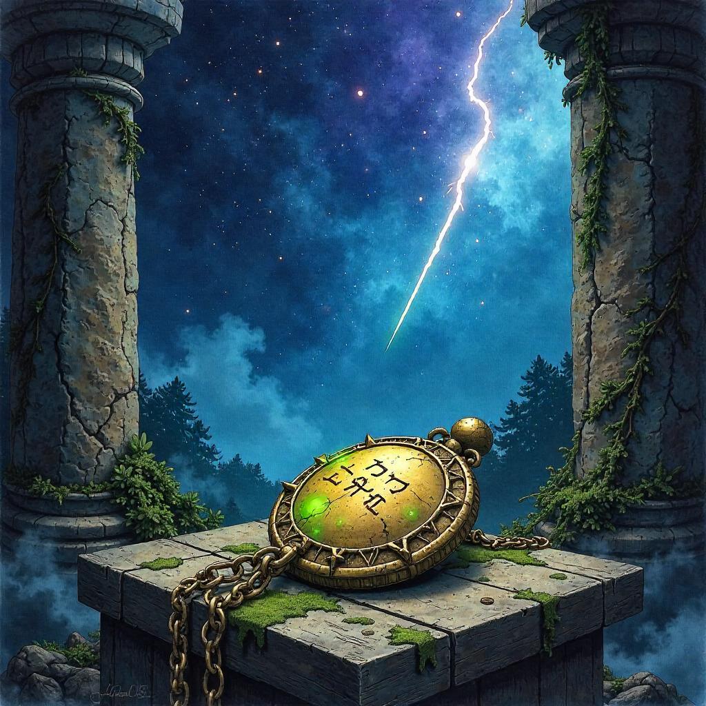 Cursed Amulet Under a Meteor Shower (Watercolor)