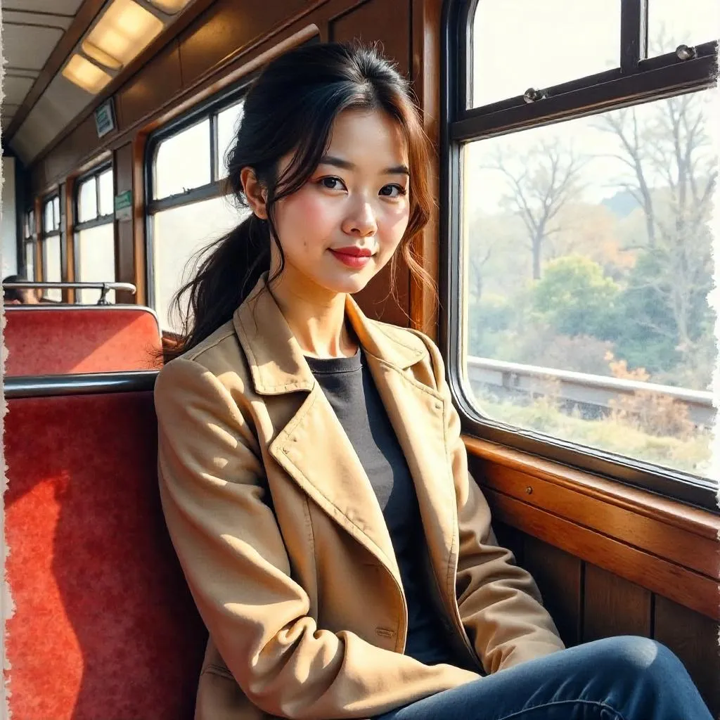 Confident Asian Woman in Watercolor Train Portrait