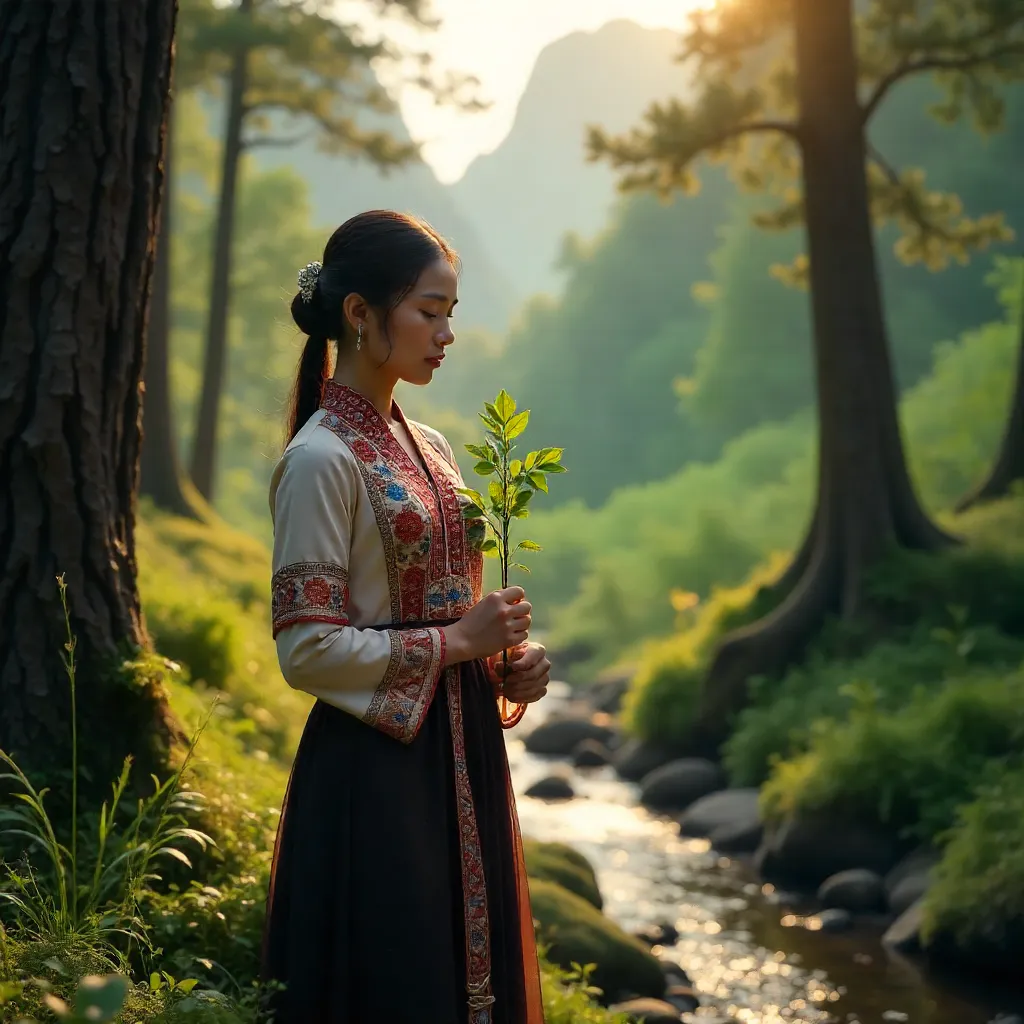Peaceful Moment in Hà Giang Forest Holding a Sapling