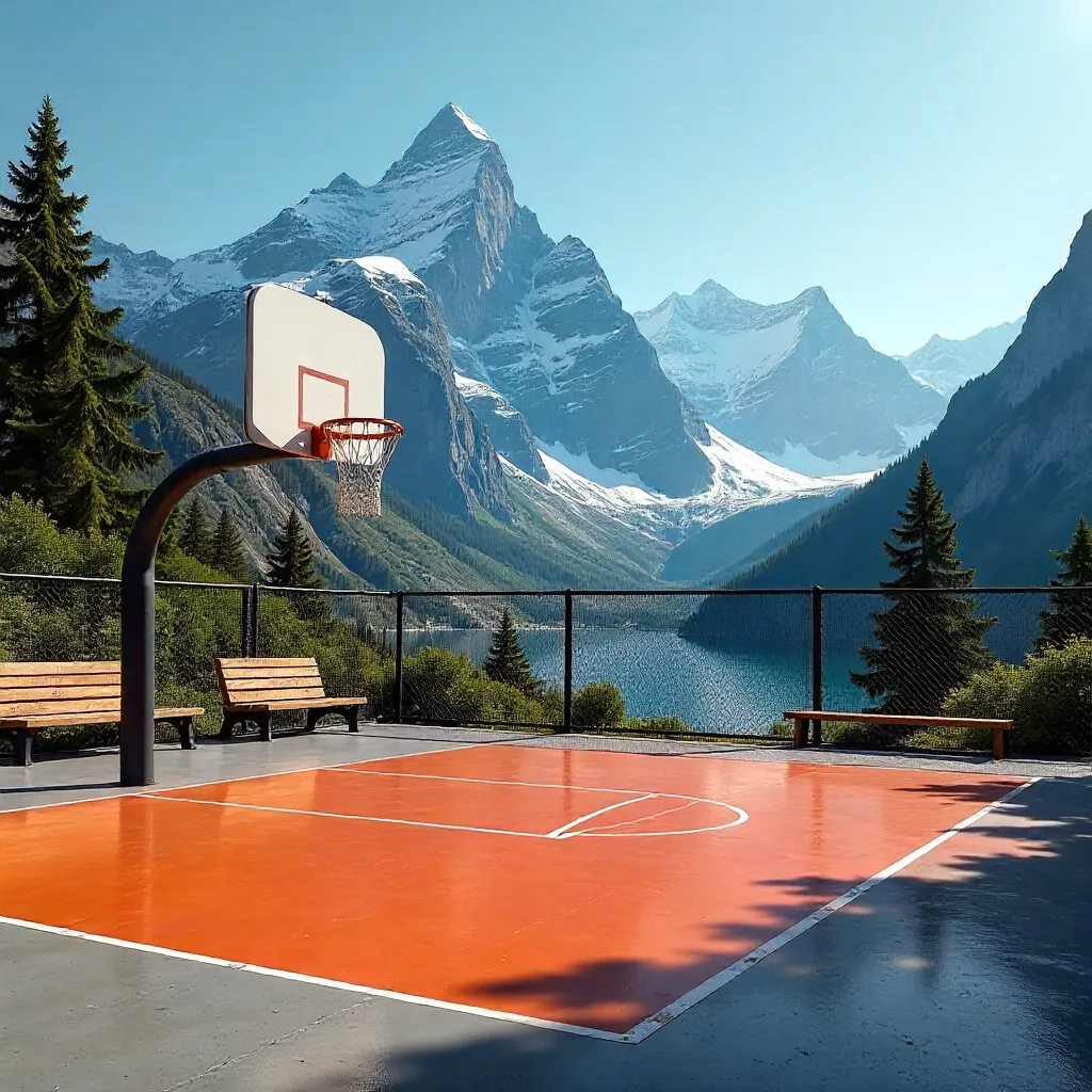 Sunny Mountain Court: Outdoor Basketball Under Peaks
