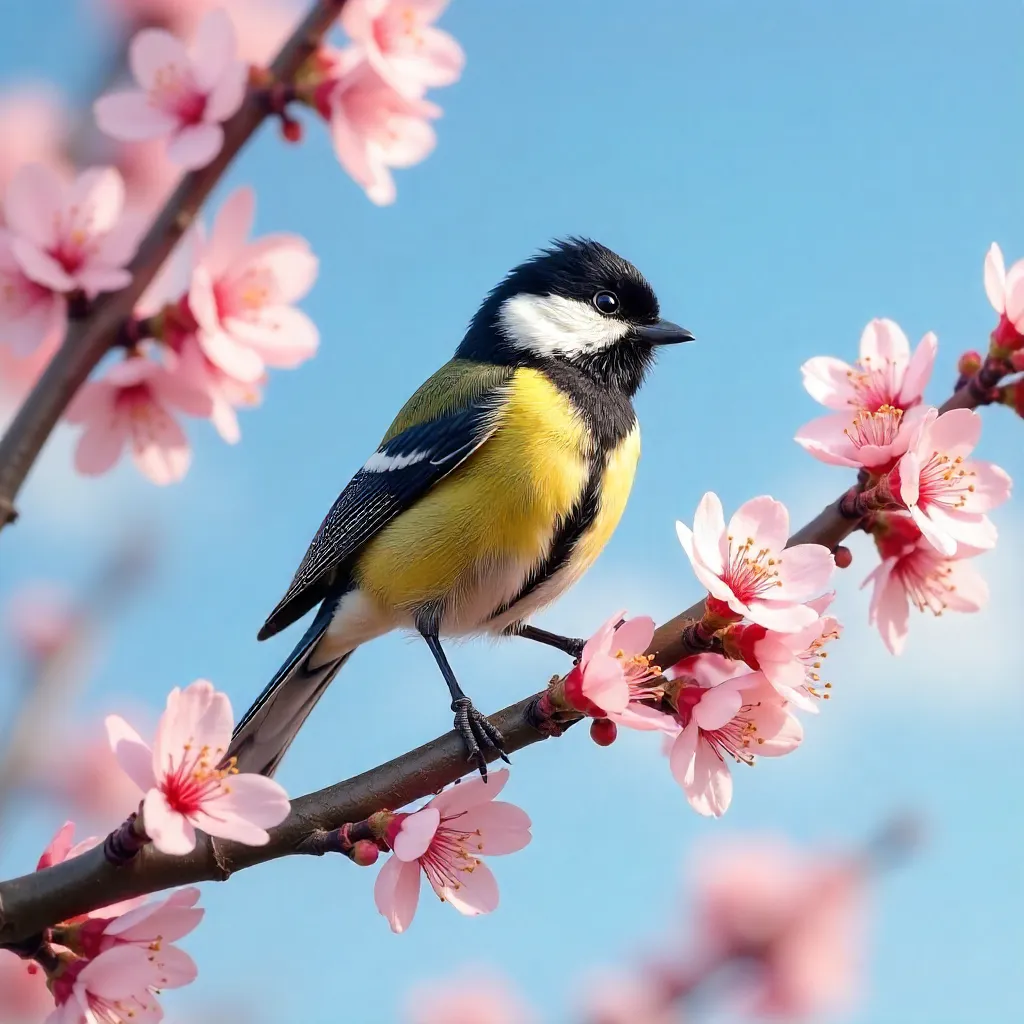 Great Tit on Blossoming Cherry in Spring Sky