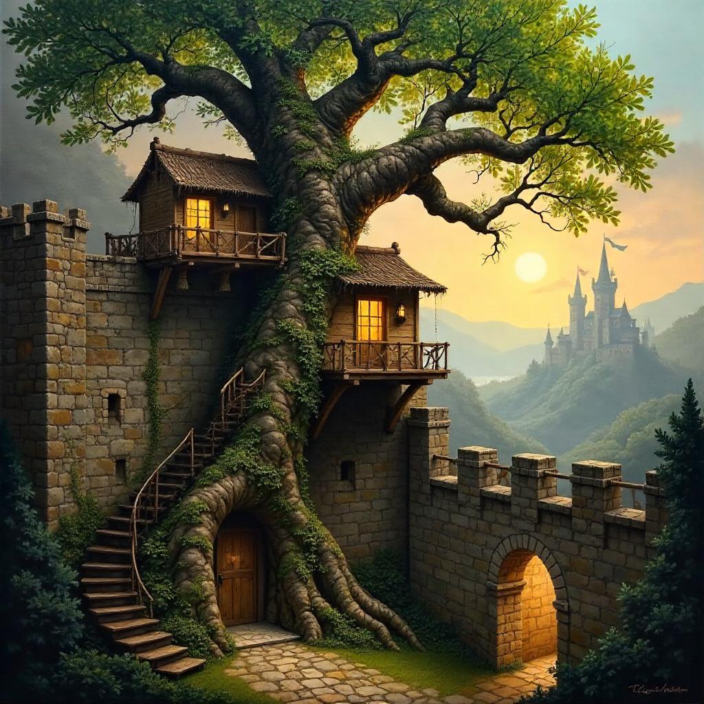Treehouse Fortress: An Oil Painting Scene