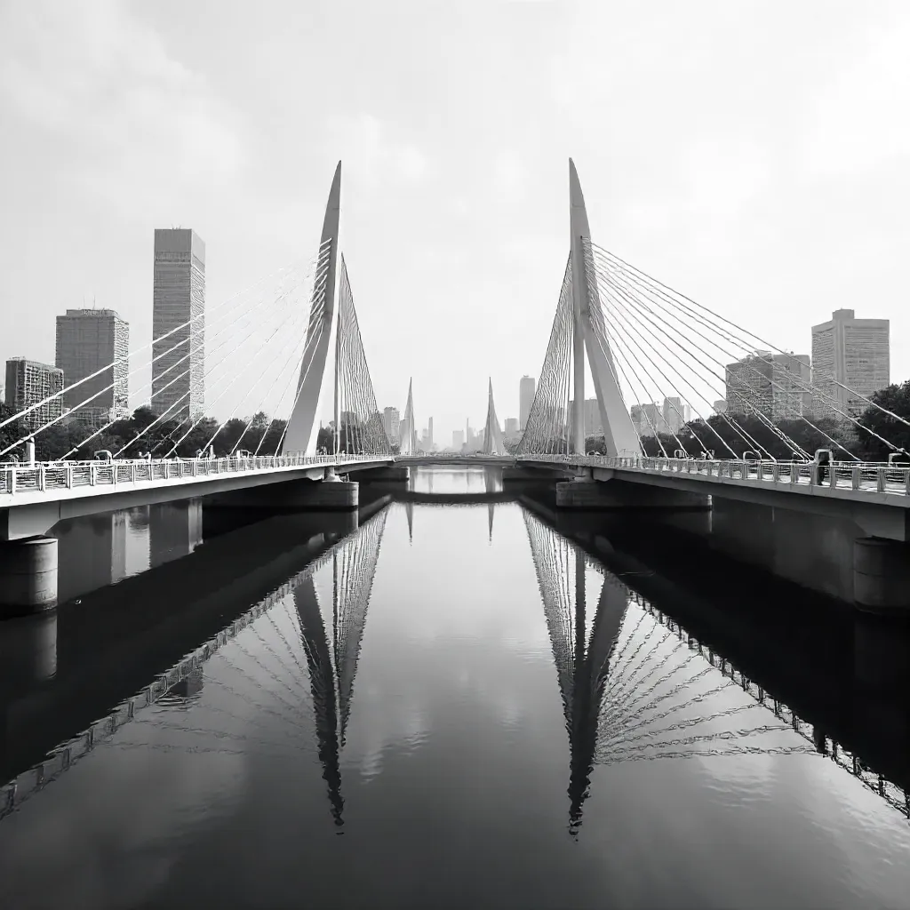 Monochrome Bridge Symmetry and City Reflection