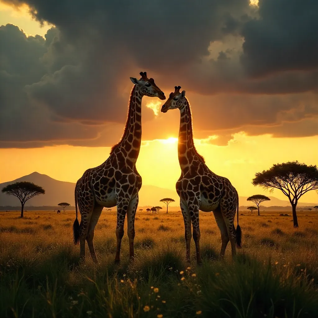 Two Giraffes Under a Dramatic Cloudy Sky in the Savanna