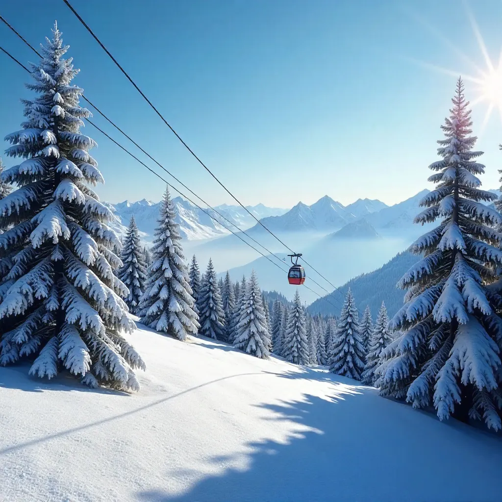 Cable Car Over Snowy Pines on a Blue Winter Day