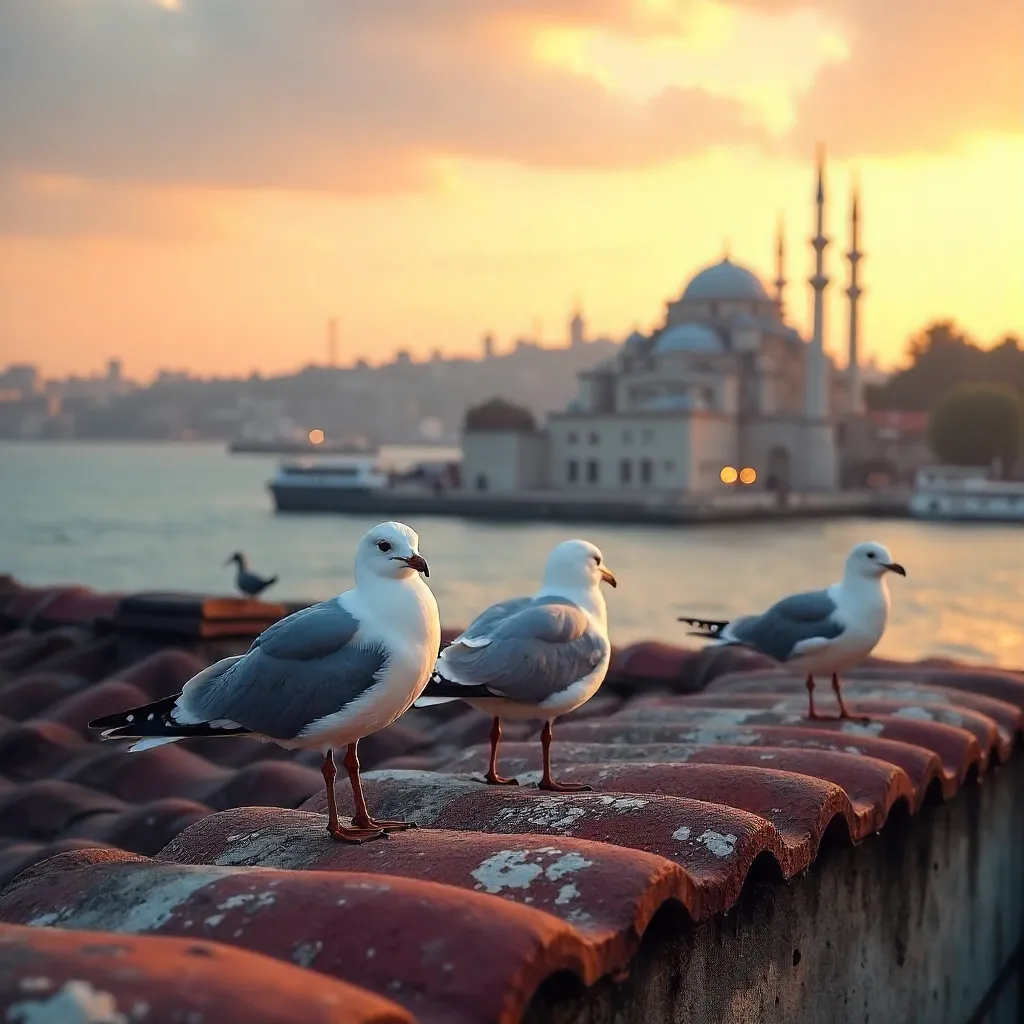 Seagulls on a Rooftop with Suleymaniye in Background