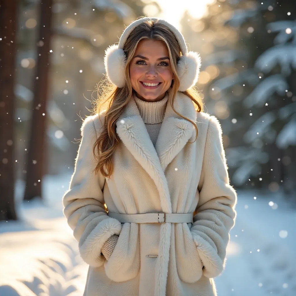 Smiling Woman in Fur Coat in Snowy Forest