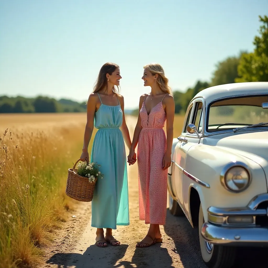 Sunlit Rural Road: Two Women With Flowers by a Car