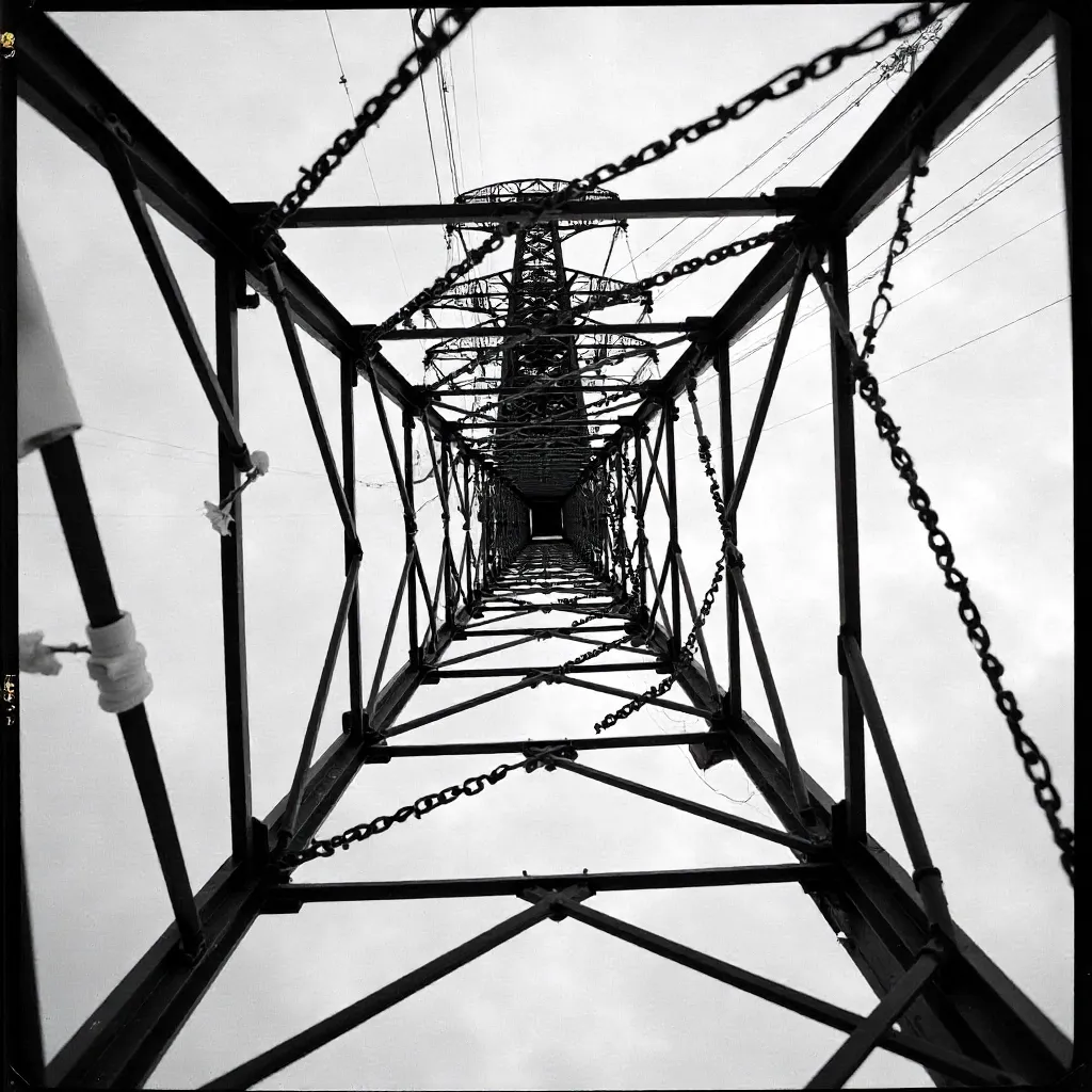 Geometric Lines of a Power Line Tower in Black and White
