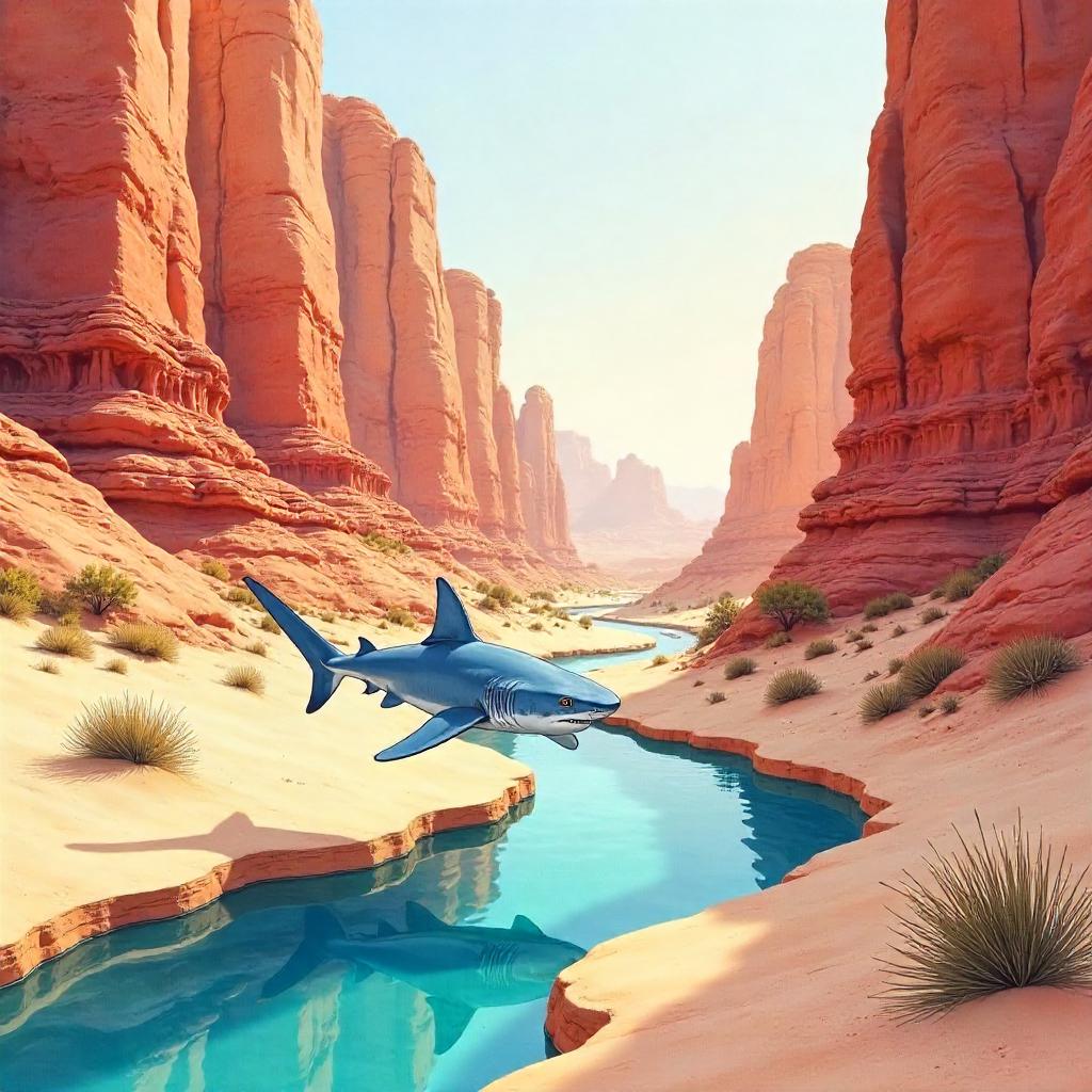 Shark in a Desert Canyon: Watercolor Dreamscape