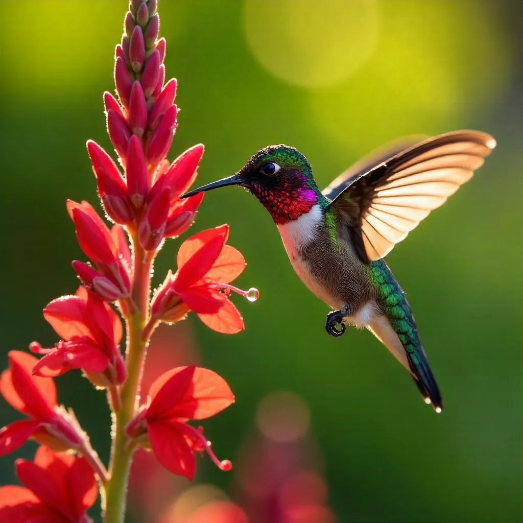 Anna's Hummingbird Feeding on Red Garden Flowers