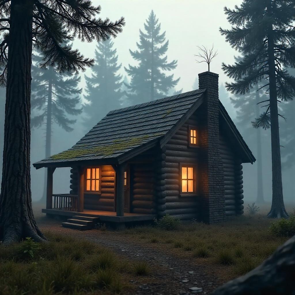 Mist-Shrouded Log Cabin in 3D Render