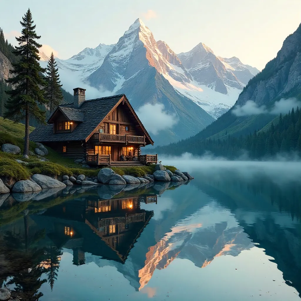 Lodge’s Reflection on a Tranquil Alpine Lake
