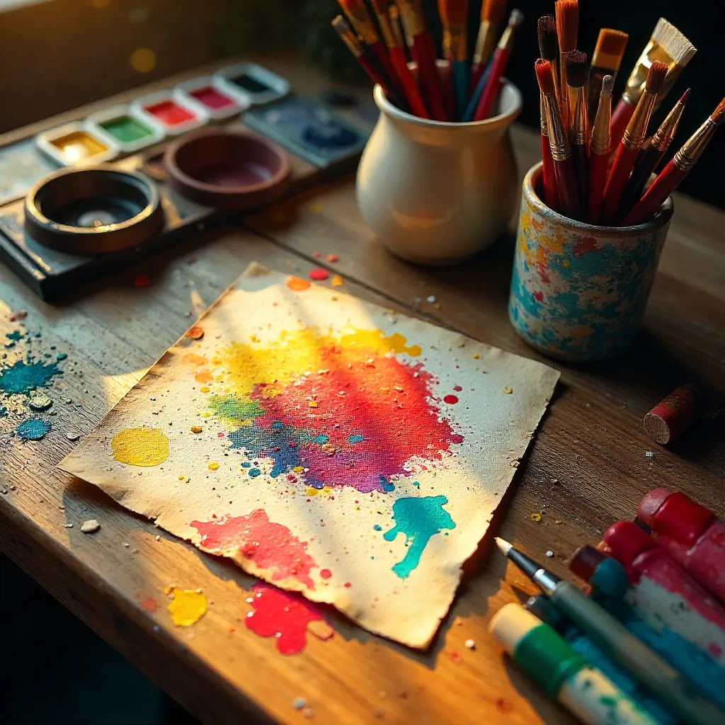 Vibrant Art Supplies on a Wooden Desk