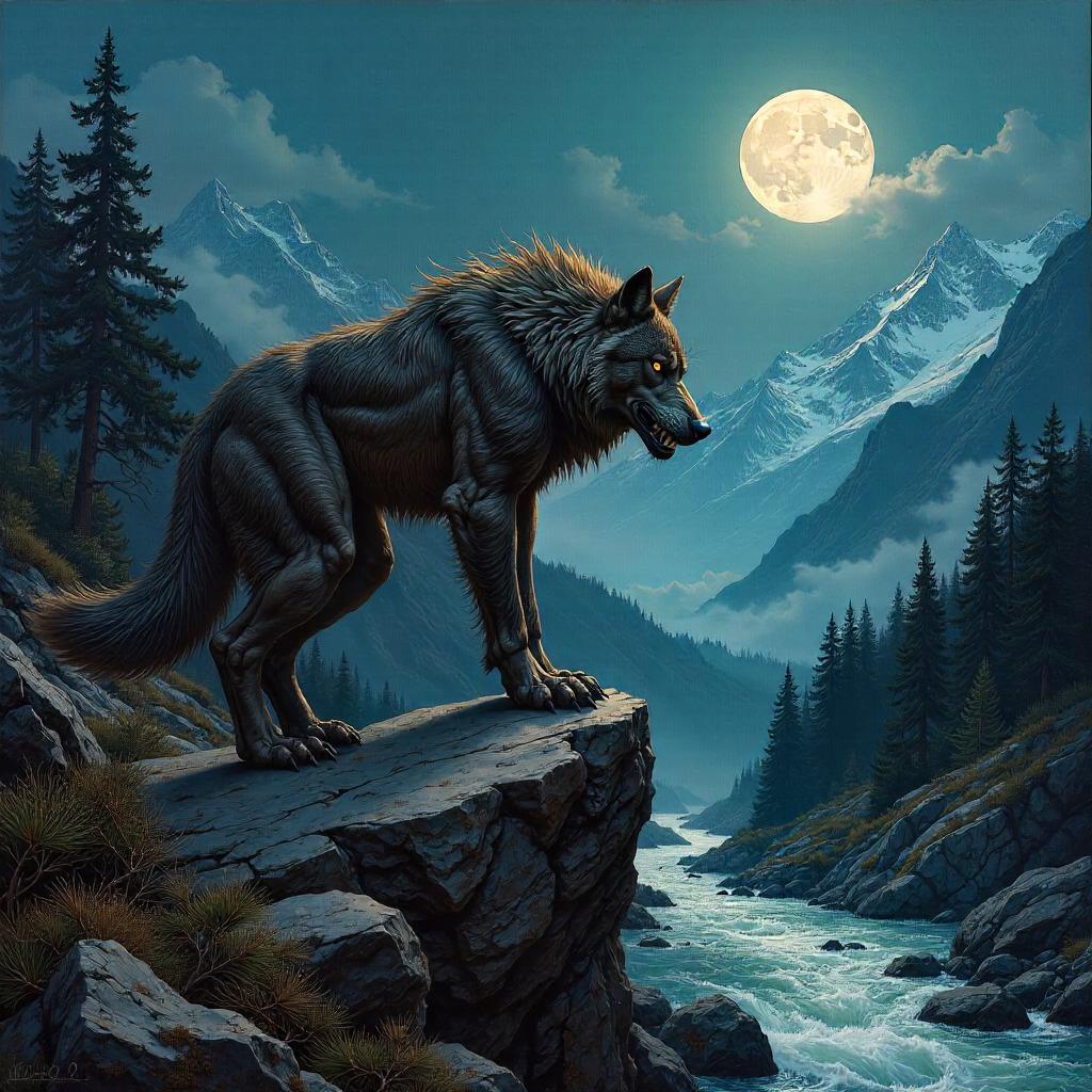 Moonlit Werewolf in a Mountain Valley
