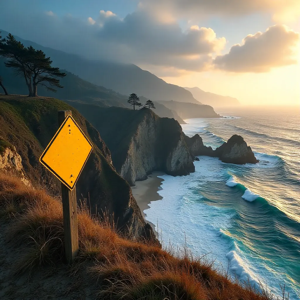 Yellow Warning Sign on Big Sur Cliffs