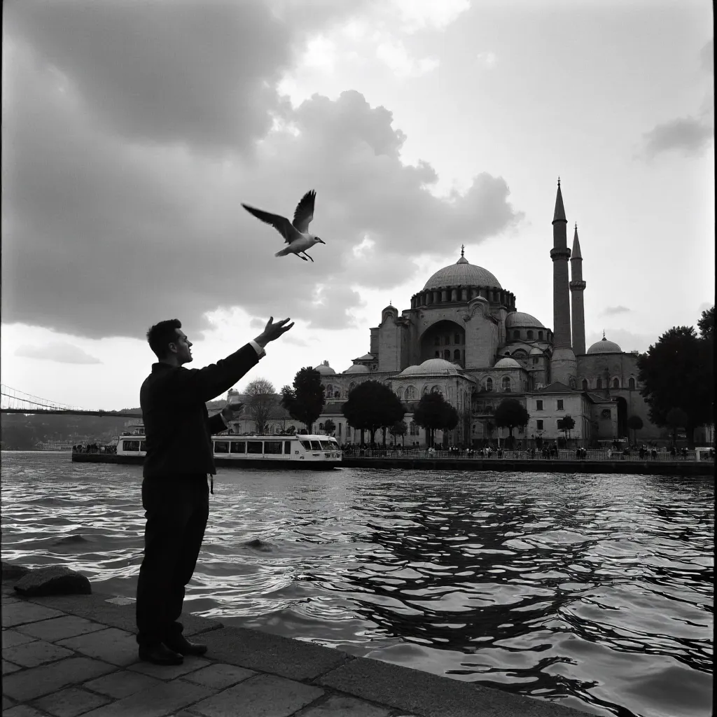 Monochrome Moment: Seagull Release at Hagia Sophia