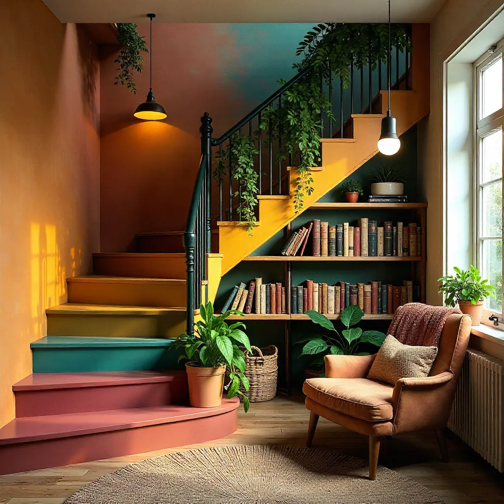 Colorful Book-Lined Staircase in a Cozy Green Nook
