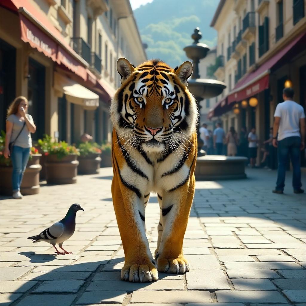 Photoreal Tiger in a Bustling Town Square