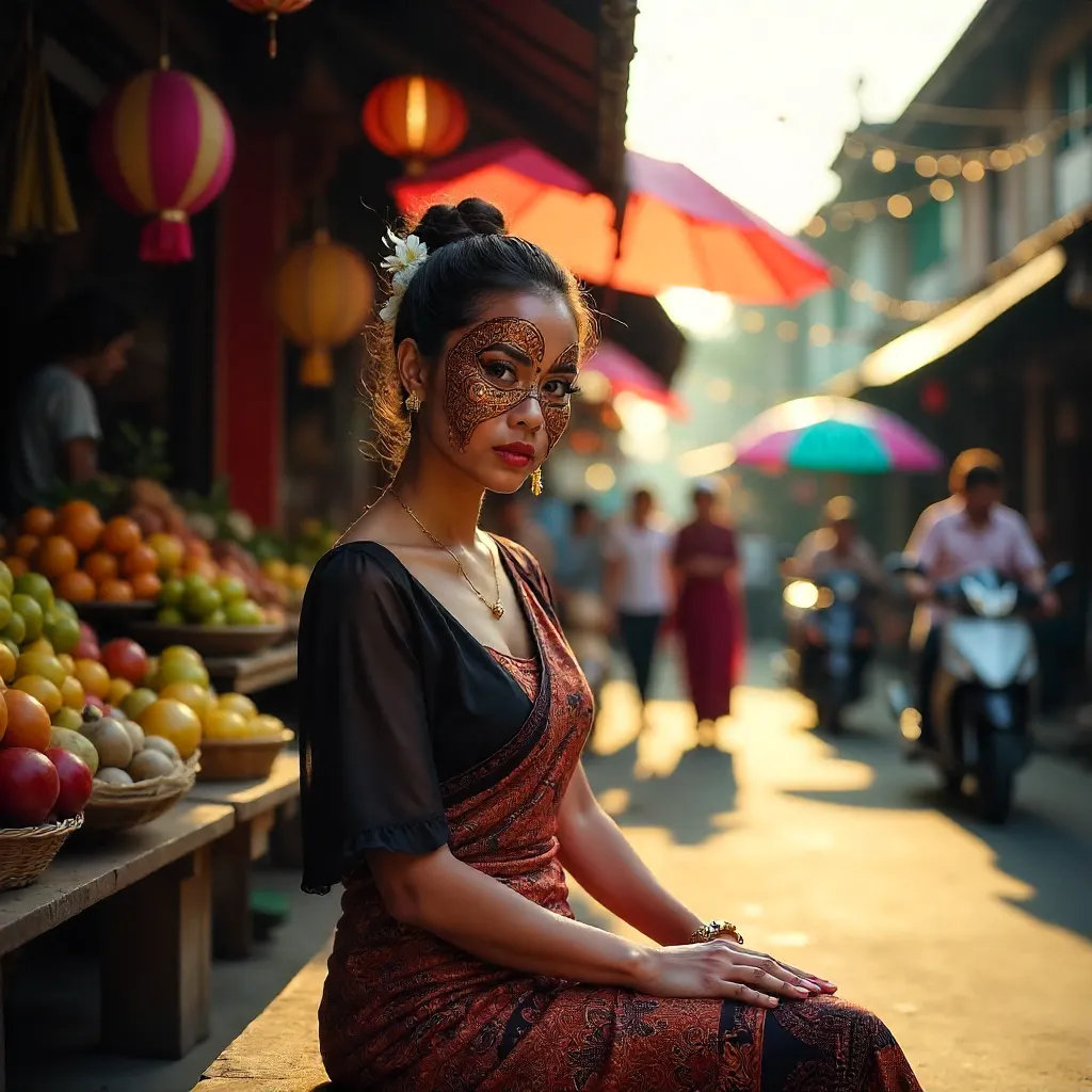 Indonesian Kebaya in a Vibrant Street with Topeng Mask