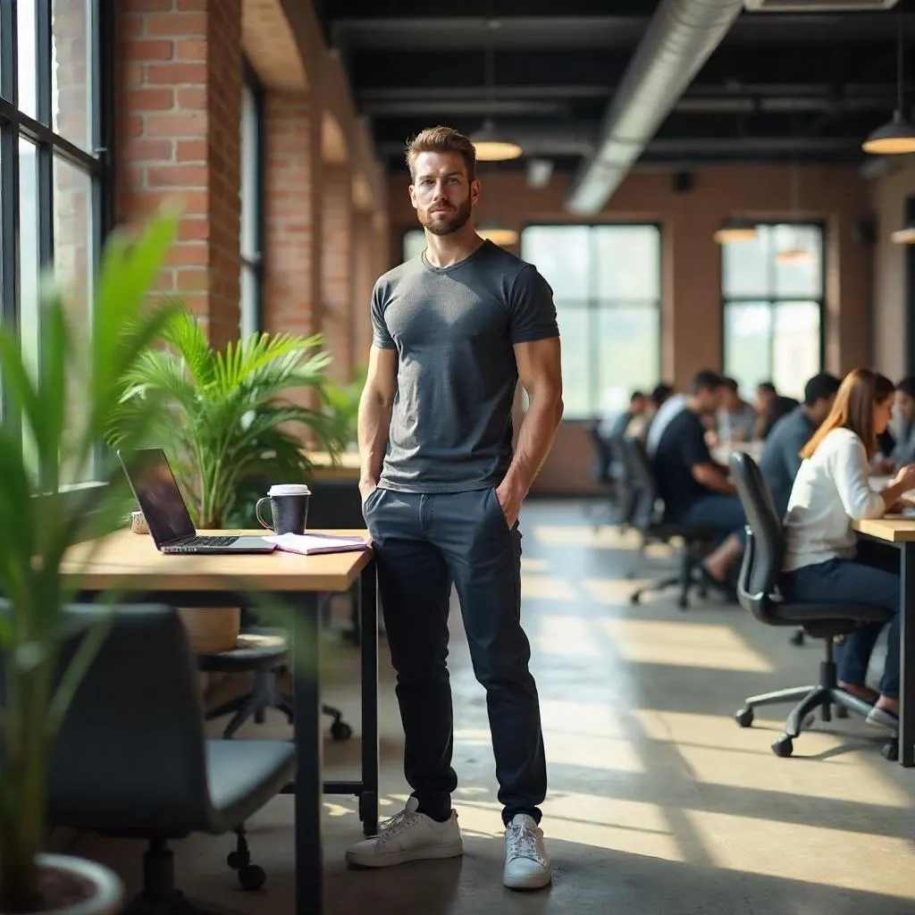 Photorealistic Athletic White Man in a Coworking Space