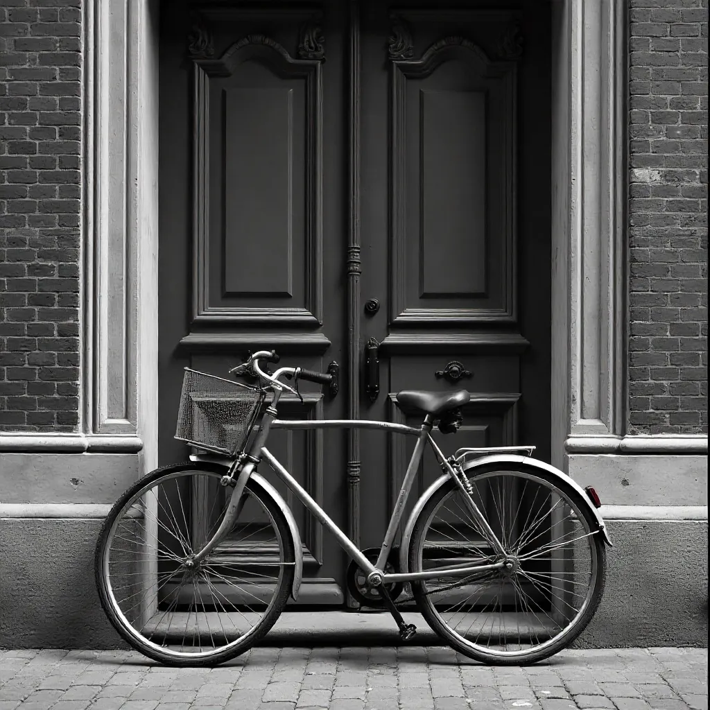 Bicycle by Ornate Door in Malmö, Black and White
