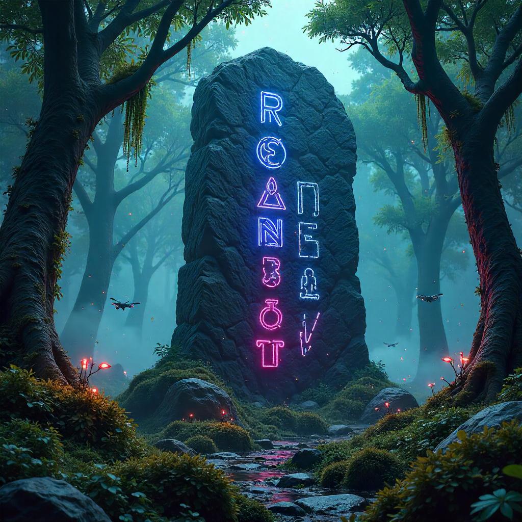 Runic Stone in a Neon Enchanted Cyber-Grove
