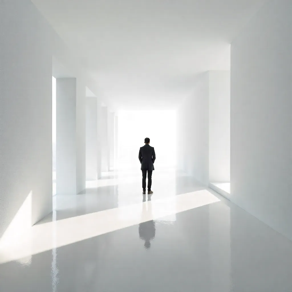 Silhouette in a White Minimalist Corridor