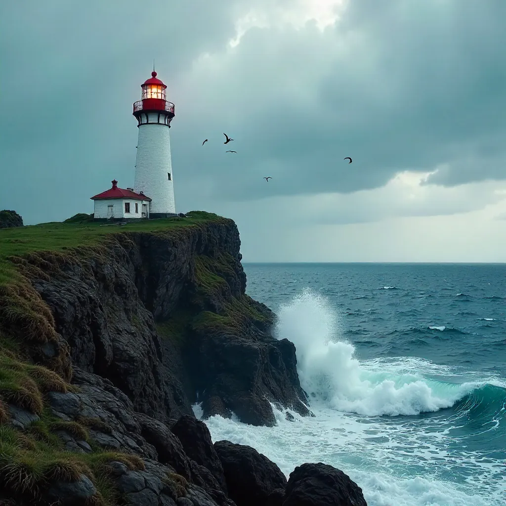 Solitary Lighthouse on a Rugged Cliff Over the Ocean