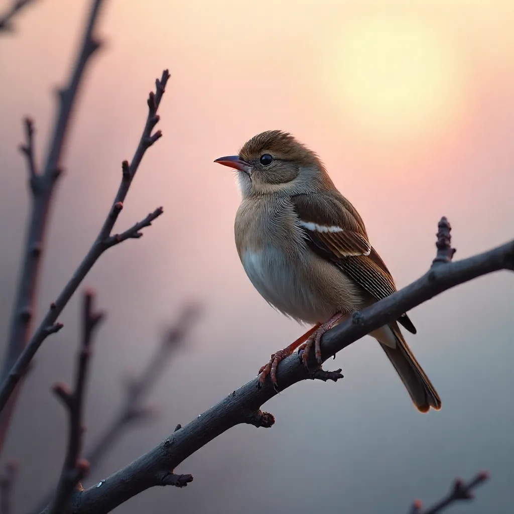 Dawn Mist Over Dry Branches: Tiny Bird at Rest