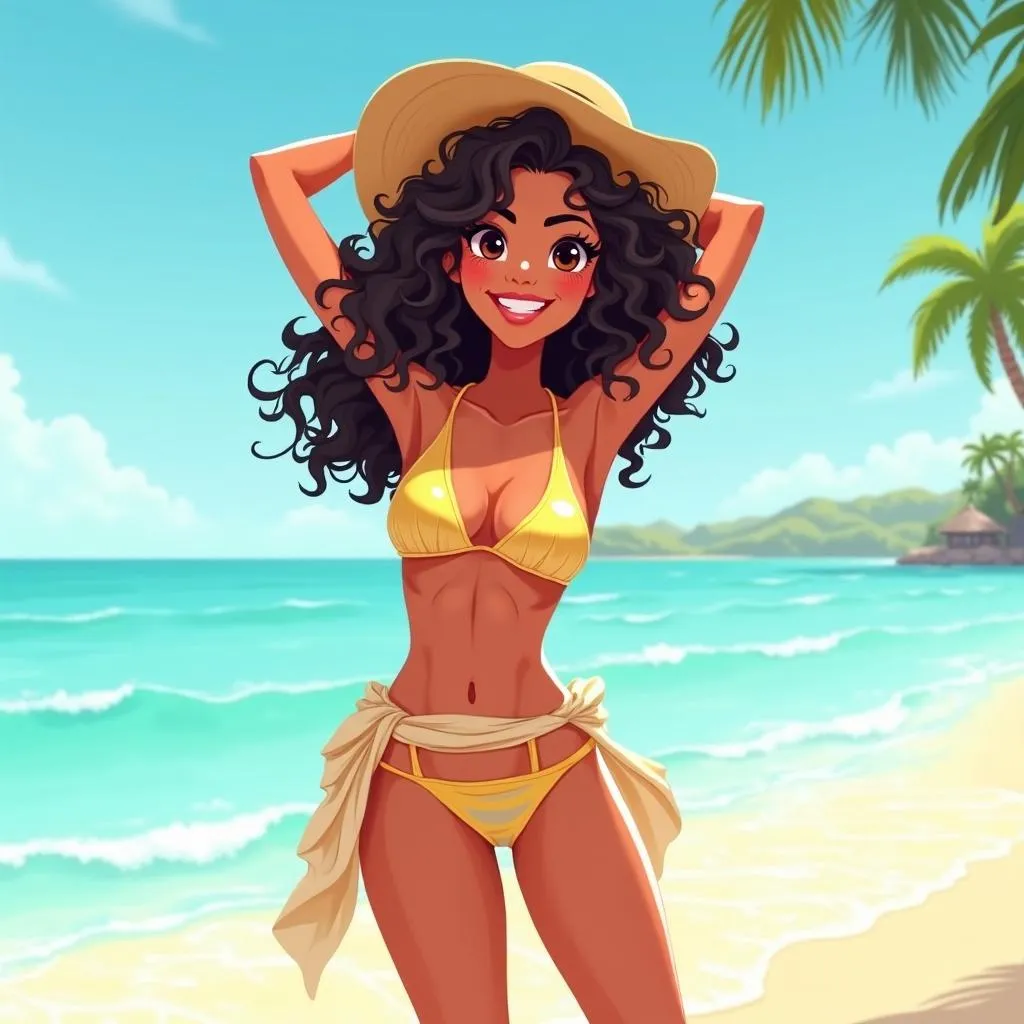 Sunny Beach Vibes: Cheerful Latina Anime Girl