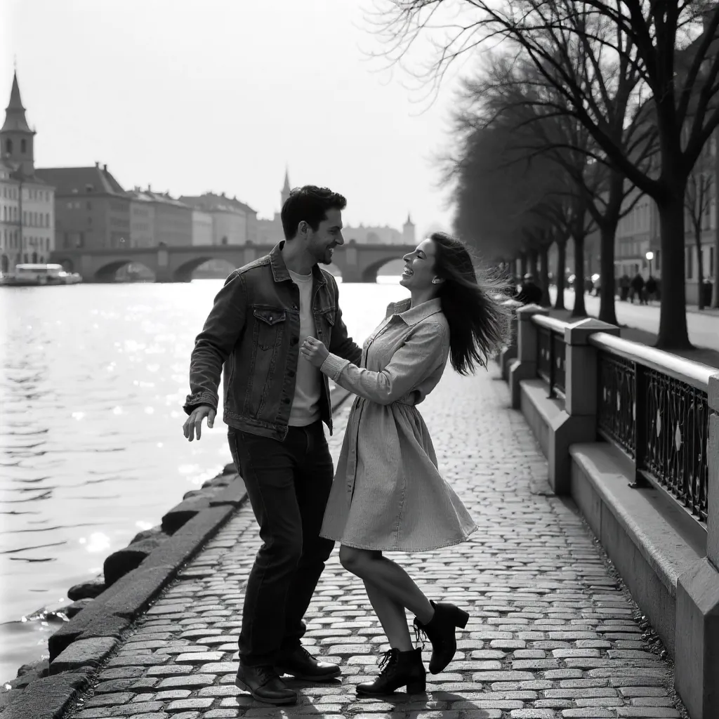 Joyful Couple on a Warsaw Riverbank (Black and White)