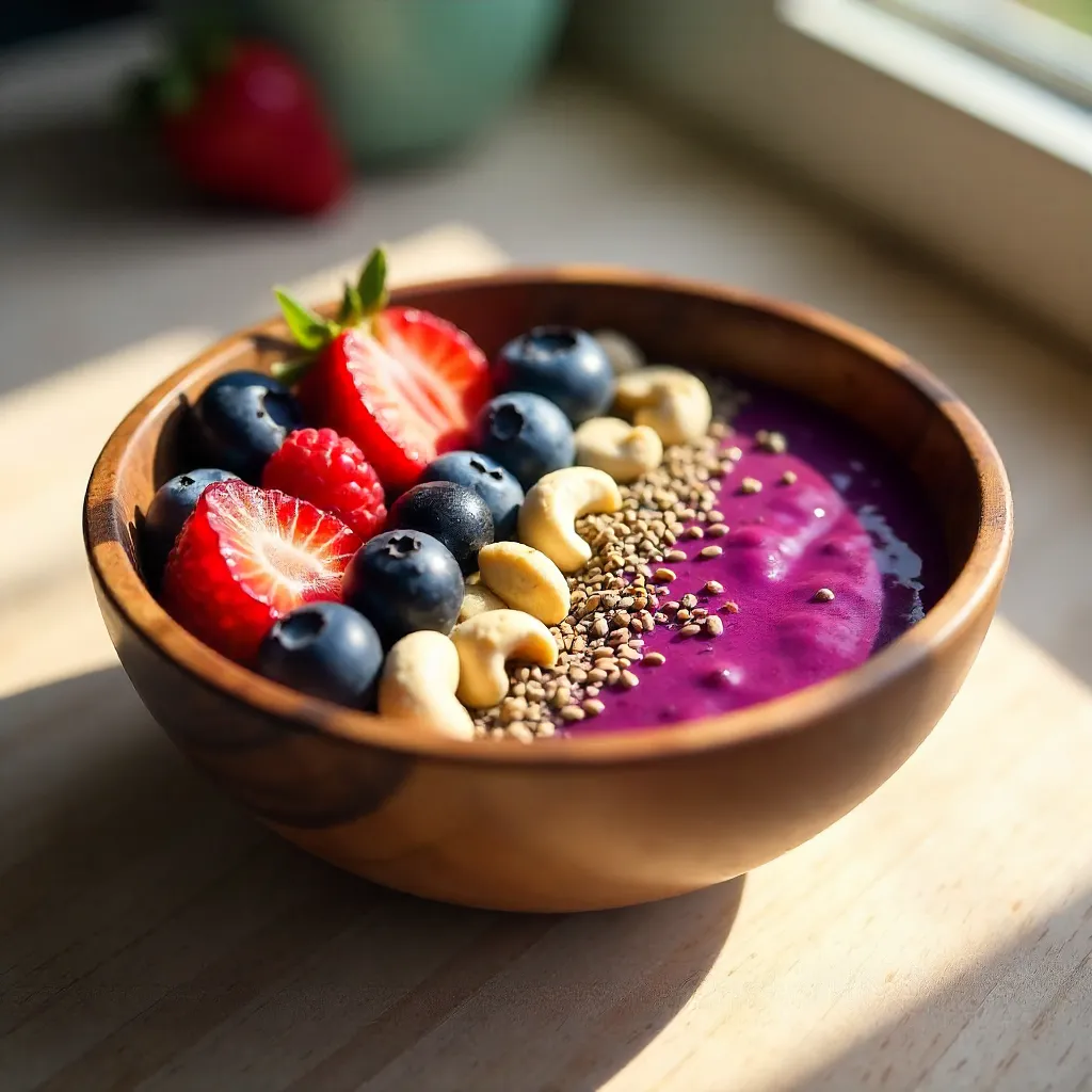 Vibrant Homemade Acai Bowl in a Rustic Wooden Bowl