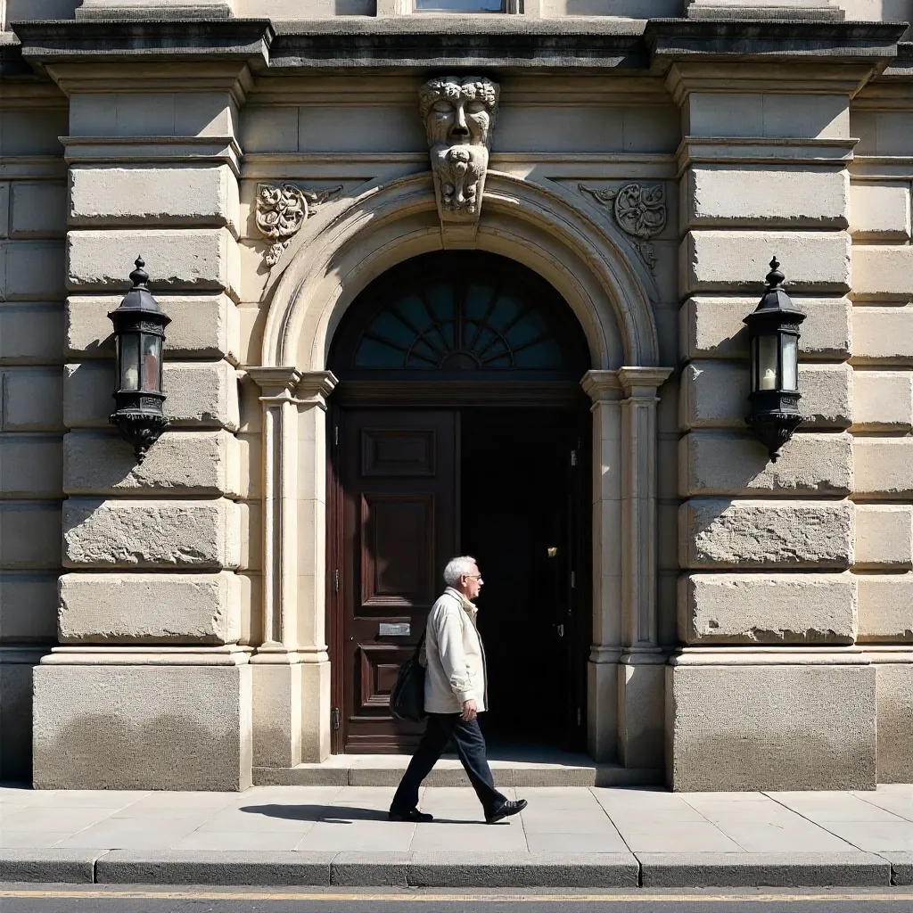 Elderly Walk by Historic Stone Entrance