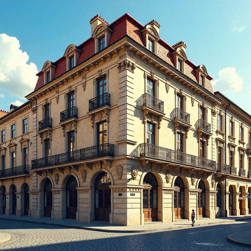 Corner View of a European Building with Red Roof