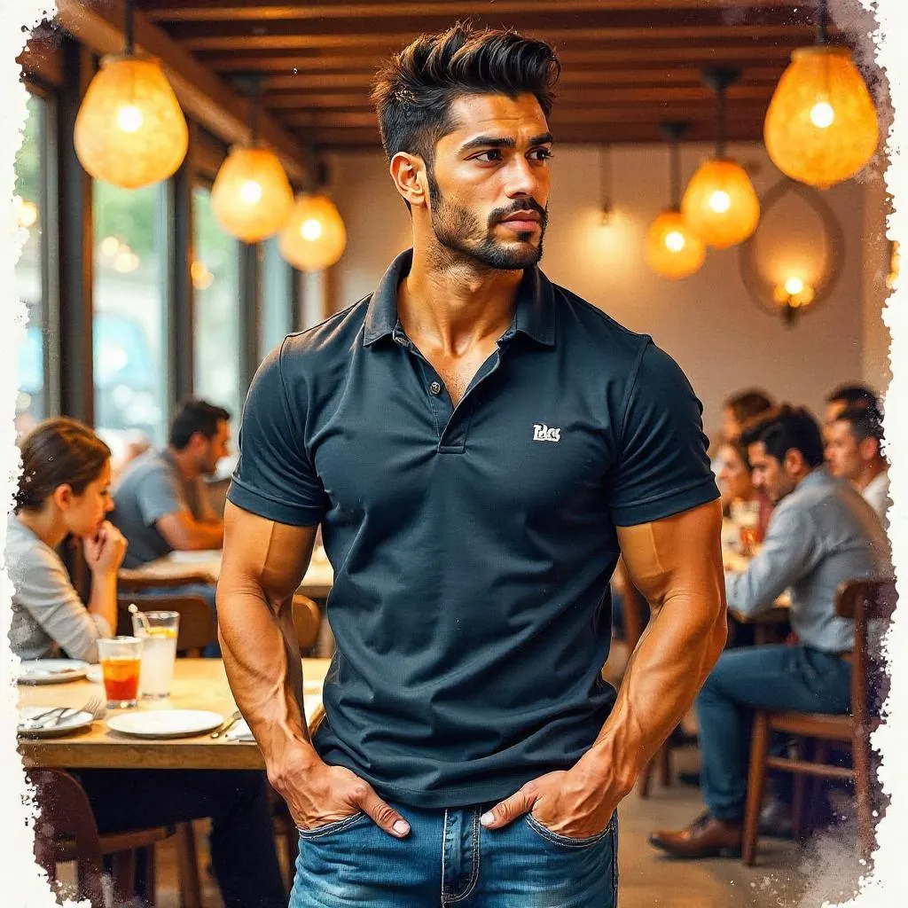 Watercolor Portrait: Athletic Latino Man in a Restaurant