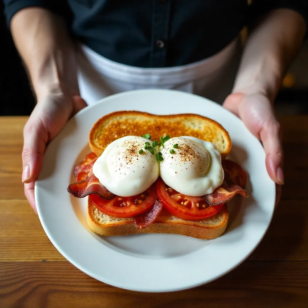 Overhead View: Unrecognizable Waiter with Bacon Tomato Eggs Sandwich