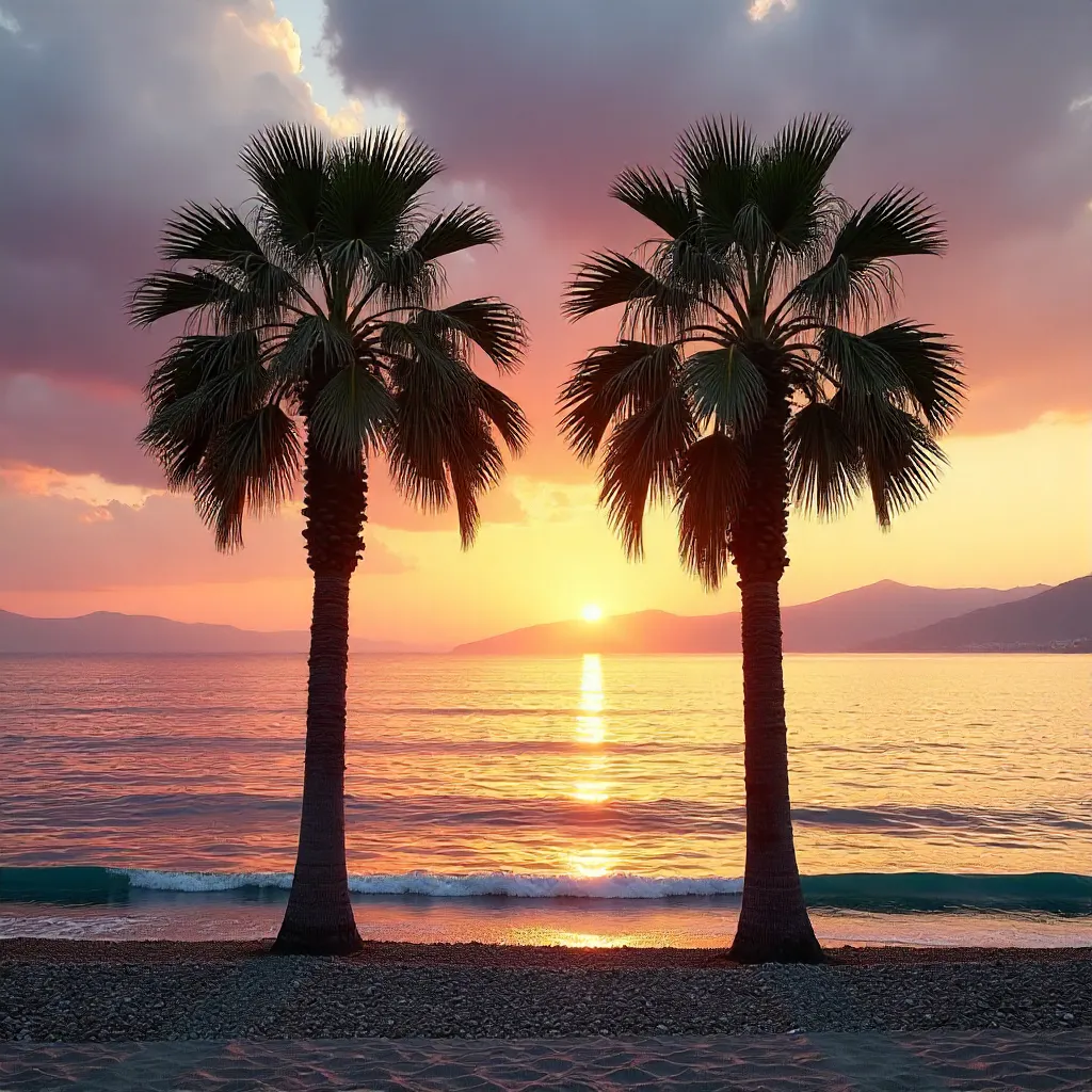 Twin Palm Trees at Sunset in Antalya, Türkiye
